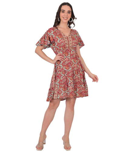 Boho Printed Silk Short Dress Manufacturer | Ibiza Style Short Sleeve Dress Exporter - Olizzo India