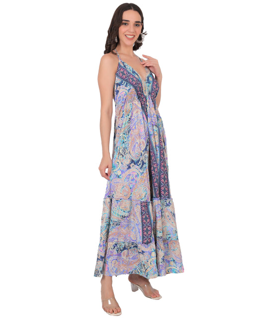 Kasturi Silk Sleeveless Long Dress Manufacturer | Boho Print Stylish Dress Exporter - Olizzo India