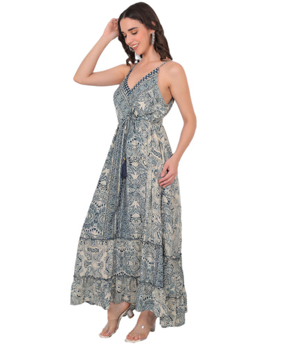 Boho Silk Long Dress Manufacturer & Exporter | Sleeveless Strap Dress - Olizzo India