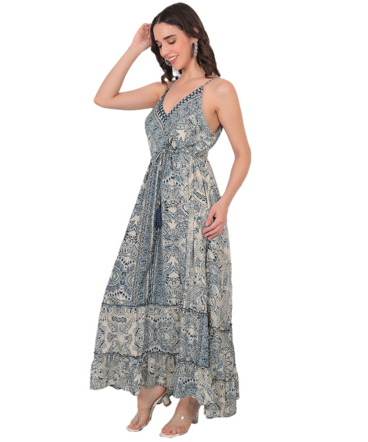 Boho Silk Long Dress Manufacturer & Exporter | Sleeveless Strap Dress - Olizzo India