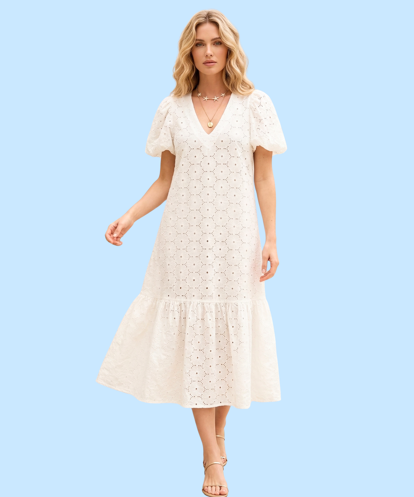 Women’s Cotton Schiffli Short Dress with V-Neck