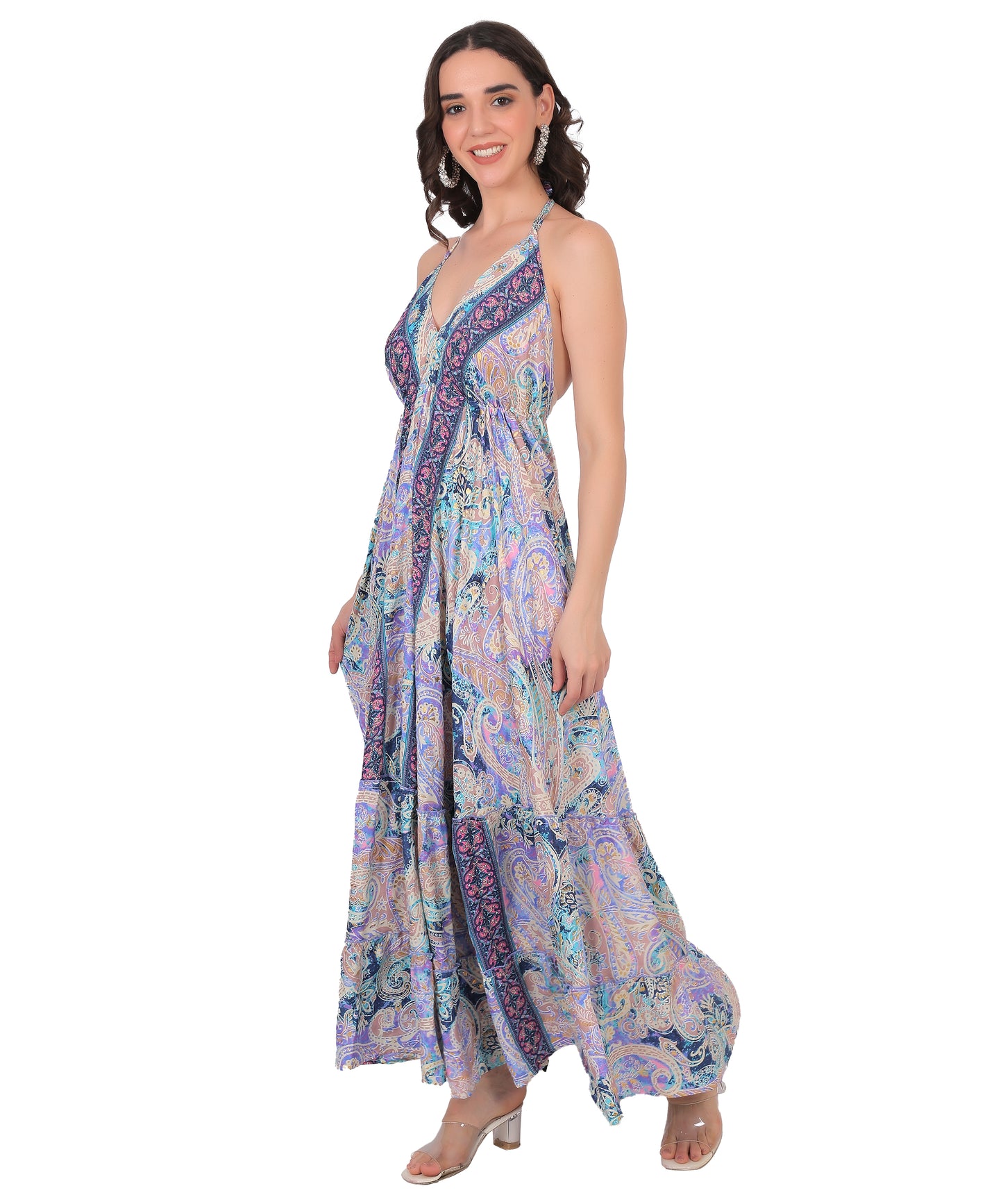 Kasturi Silk Sleeveless Long Dress Manufacturer | Boho Print Stylish Dress Exporter - Olizzo India