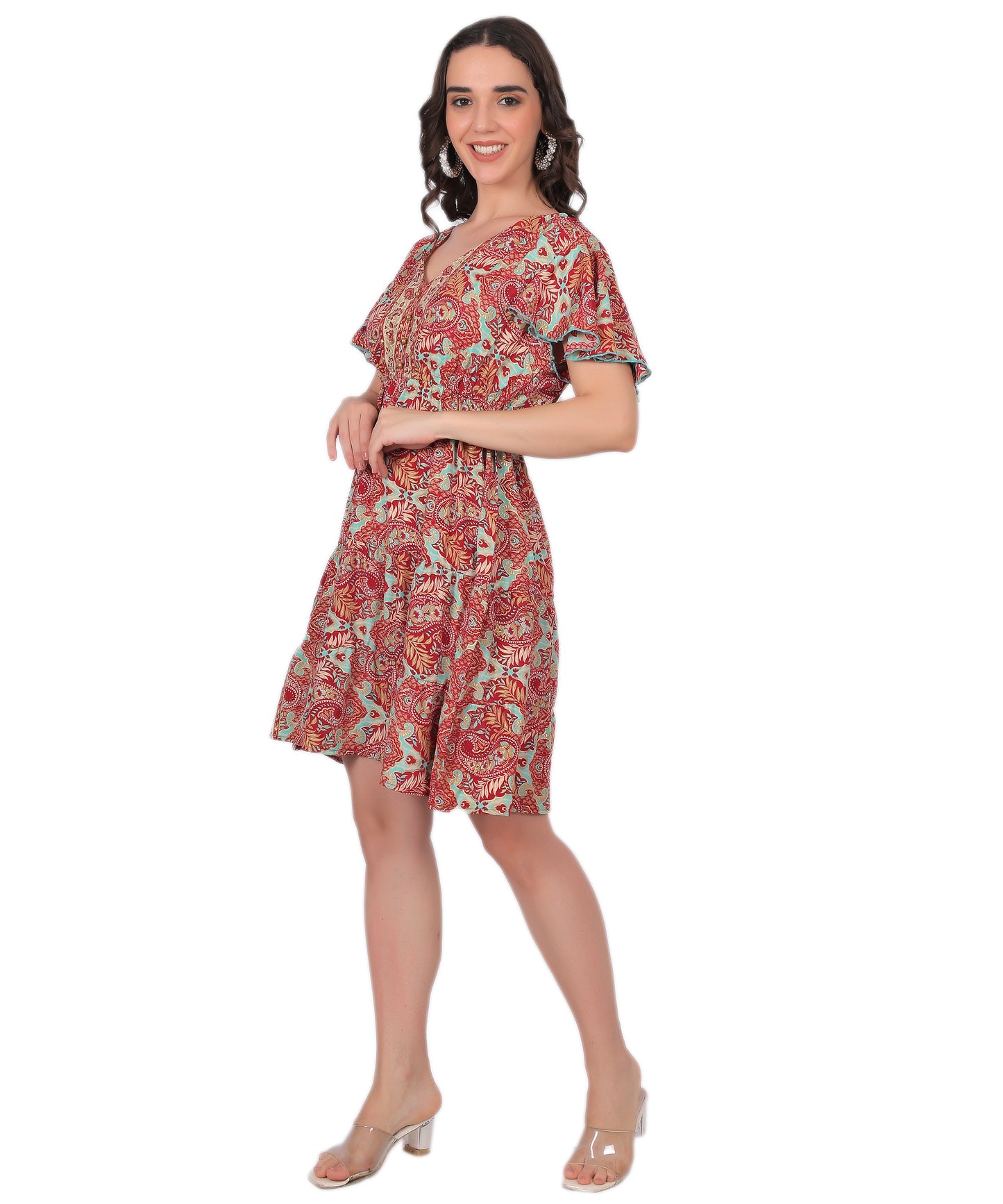Boho Printed Silk Short Dress Manufacturer | Ibiza Style Short Sleeve Dress Exporter - Olizzo India
