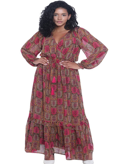 Printed Long Dress with Long Sleeves & Cross Neck