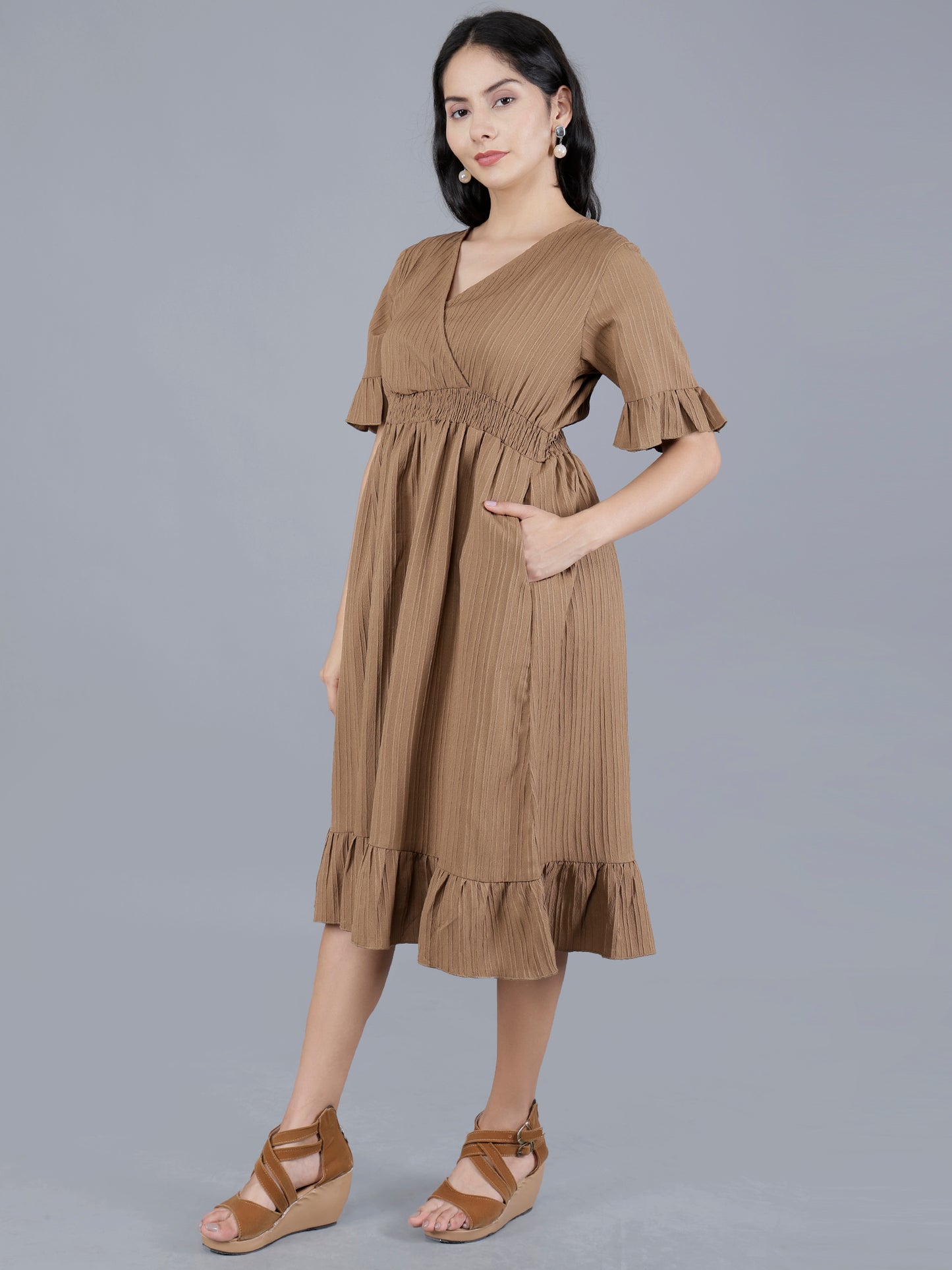 Western Short Dress – Solid Color with Waist Smocking | Striped Poly Fabric
